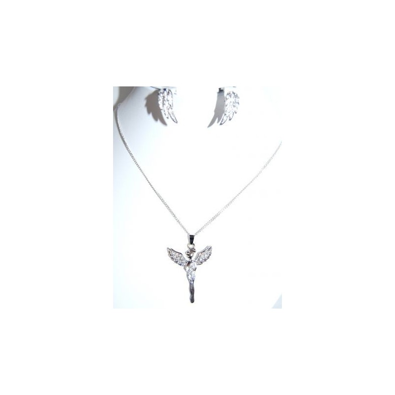 Parure métal argenté, collier pendentif fées avec cristaux blancs, boucles d'oreilles 