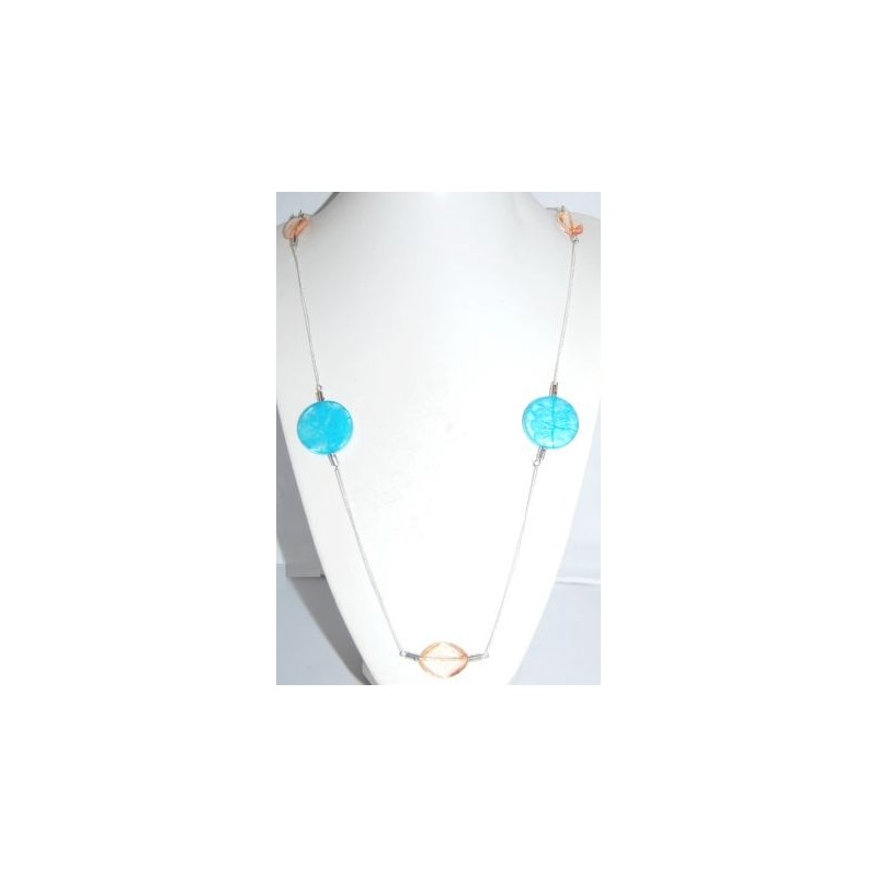 Collier perles turquoises fine chaîne, perles plates, sautoir