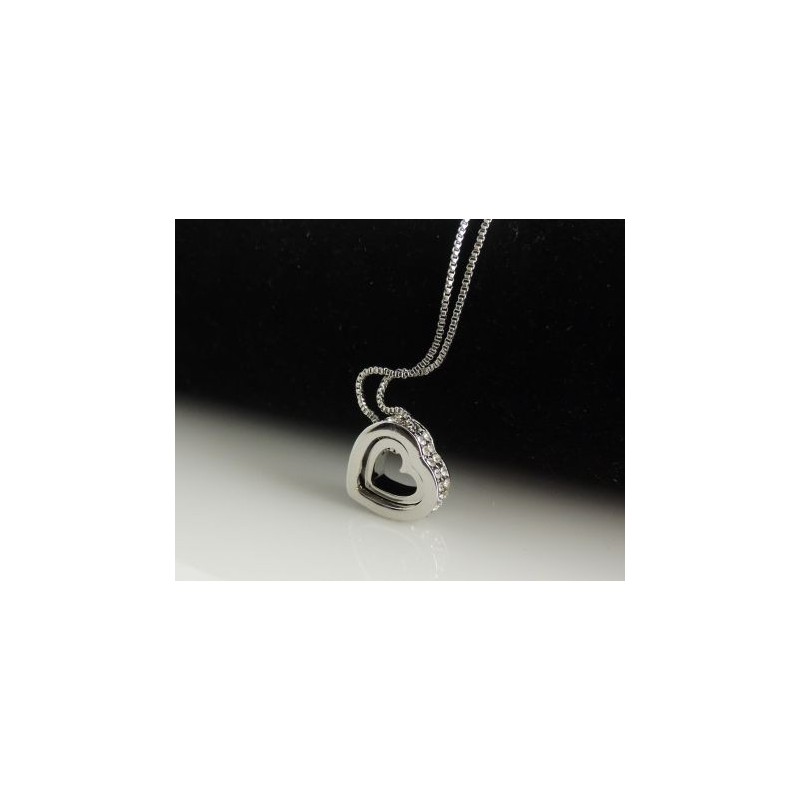 Collier métal argenté, cristaux blancs avec pendentif 2 cœurs