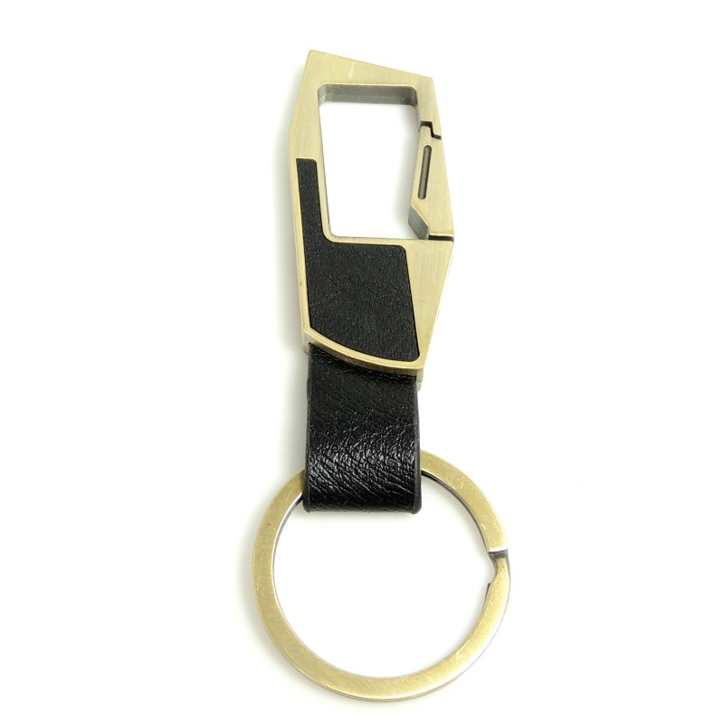 Porte-clés cuir noir et acier couleur bronze pour homme