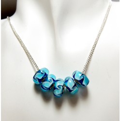 Collier argent 925, perles de verre de Murano, vague bleue