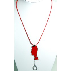 Collier métal rouge pop art, chaîne perlée, pendentif design avec strass