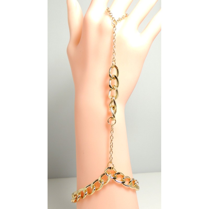 Bijou métal doré pour main, bracelet lié avec chaîne et tour de doigt