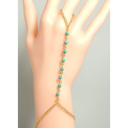 Bijou perles turquoise pour main, chaîne en métal doré reliée au doigt