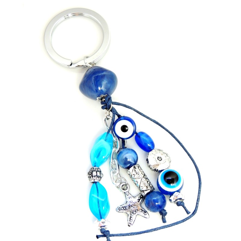 Porte-clés d'inspiration grecque avec pierres en résine bleue et breloques 