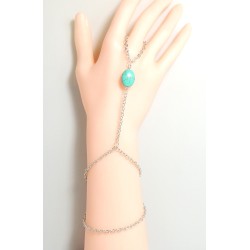 Bijou de main, pierre turquoise, bracelet 2 tours en métal argenté