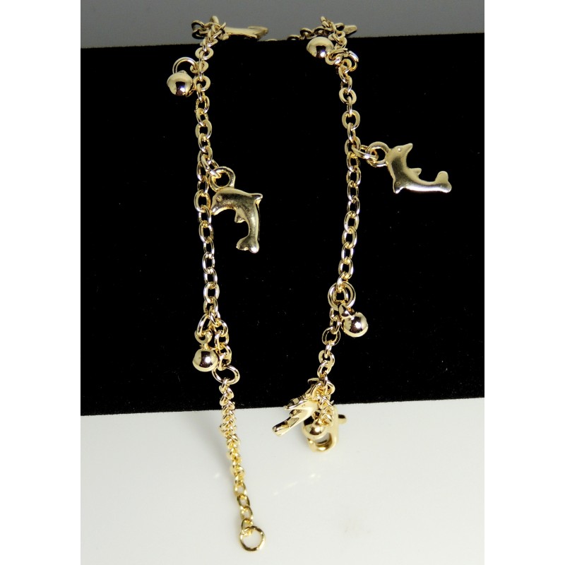 Chaîne de cheville en plaqué or avec perles et dauphins pendants