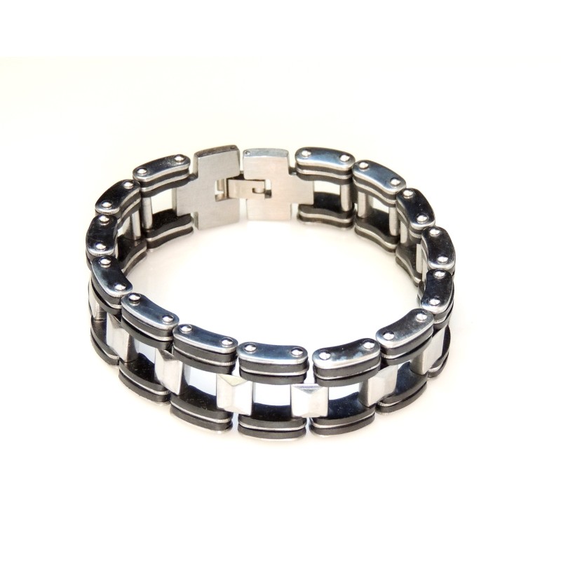 Bracelet large pour homme en acier inoxydable et silicone noir 