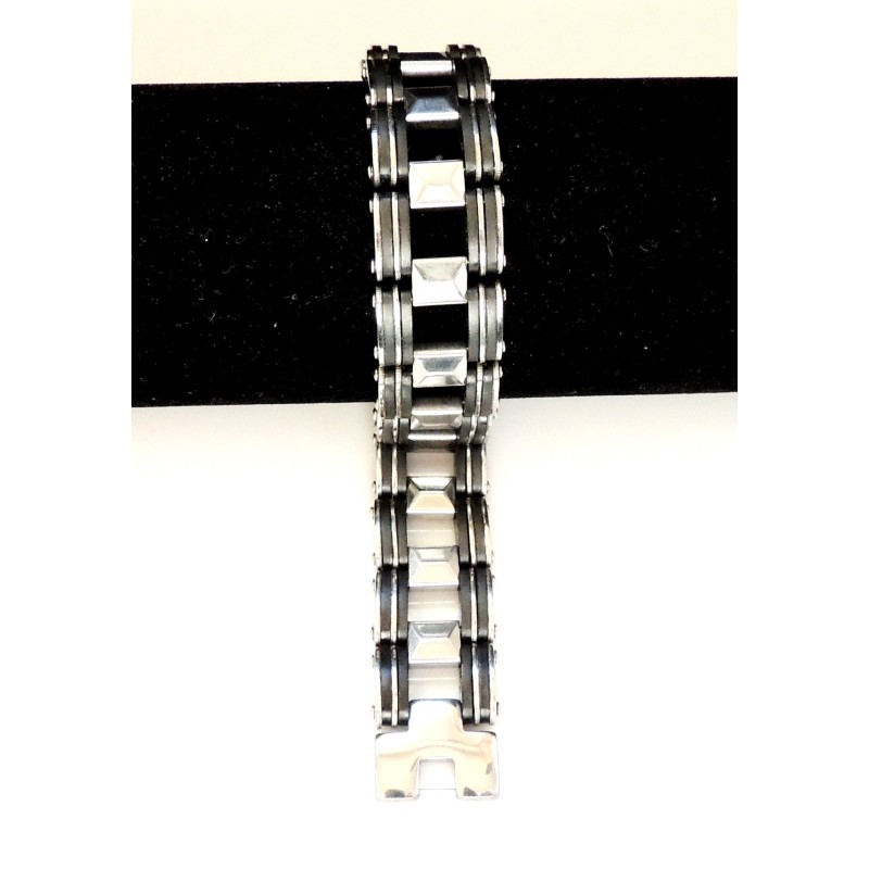 Bracelet large pour homme en acier inoxydable et silicone noir 