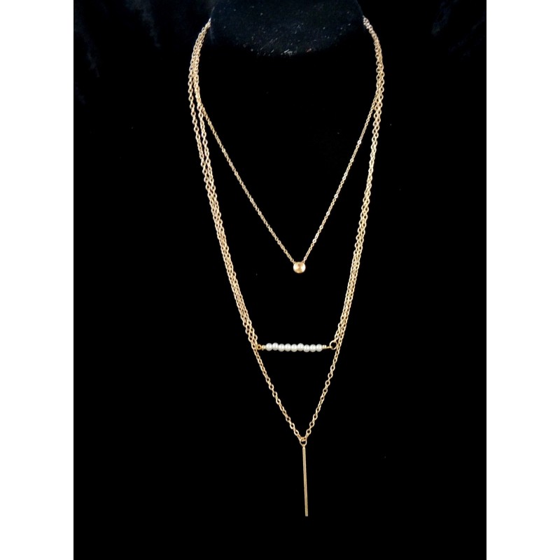 Collier fin en métal doré 3 niveaux avec une barrette de perles blanches nacrées