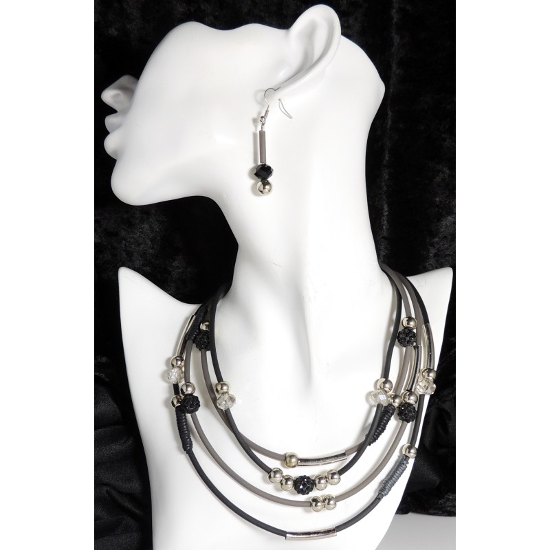 Parure collier et boucles en silicone gris et noir, perles cristal, tubes métal 