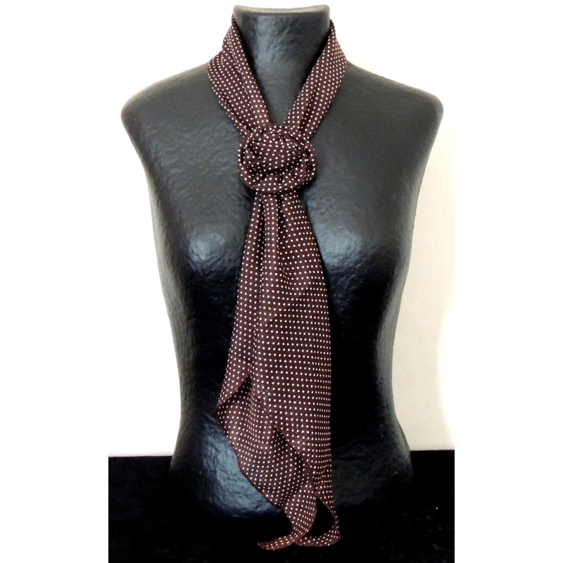 Foulard cravate couleur chocolat avec broche, petits pois écrus