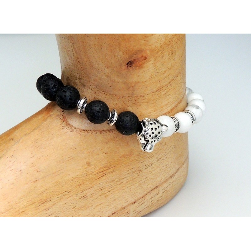Bracelet de cheville en pierres naturelles noires et blanches et tête de léopard