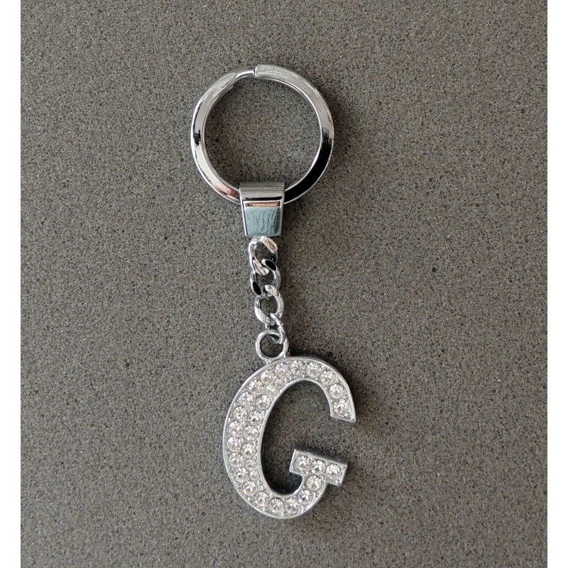 Porte-clés en acier inoxydable avec l'initiale G incrustée de petits strass 