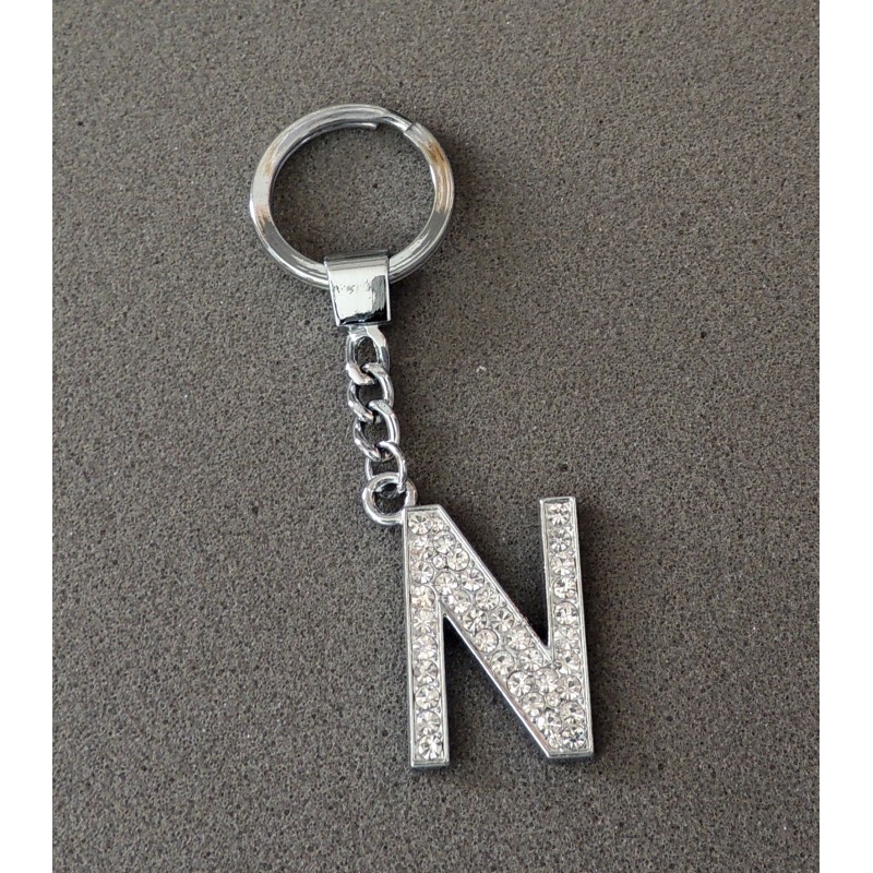 Porte-clés en acier inoxydable avec l'initiale N incrustée de strass