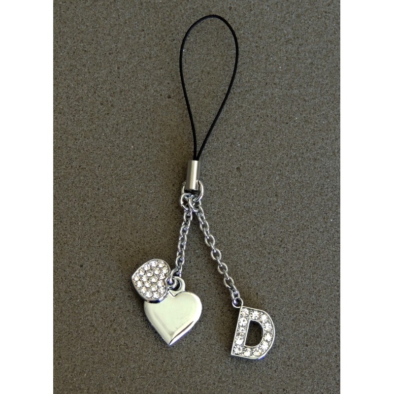 Bijou de sac en métal argenté personnalisé avec l'initiale D et des petits cœurs