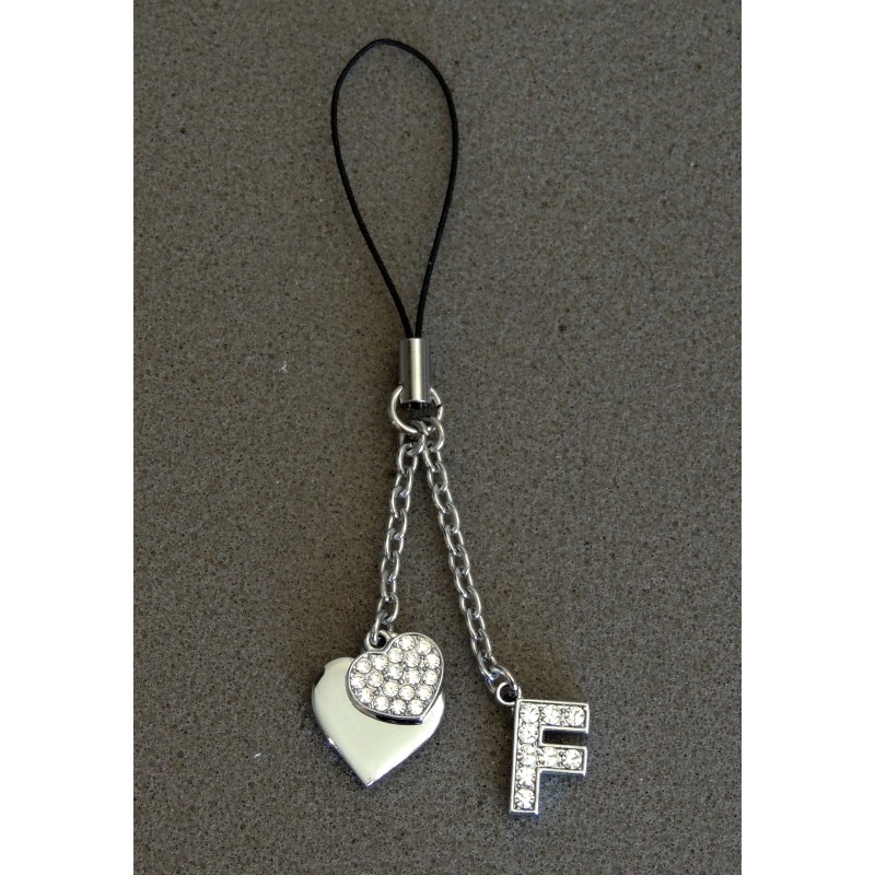 Bijou de sac en métal argenté personnalisé avec l'initiale F et des petits cœurs