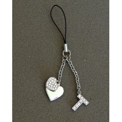 Bijou de sac en métal argenté personnalisé avec l'initiale T et des petits cœurs
