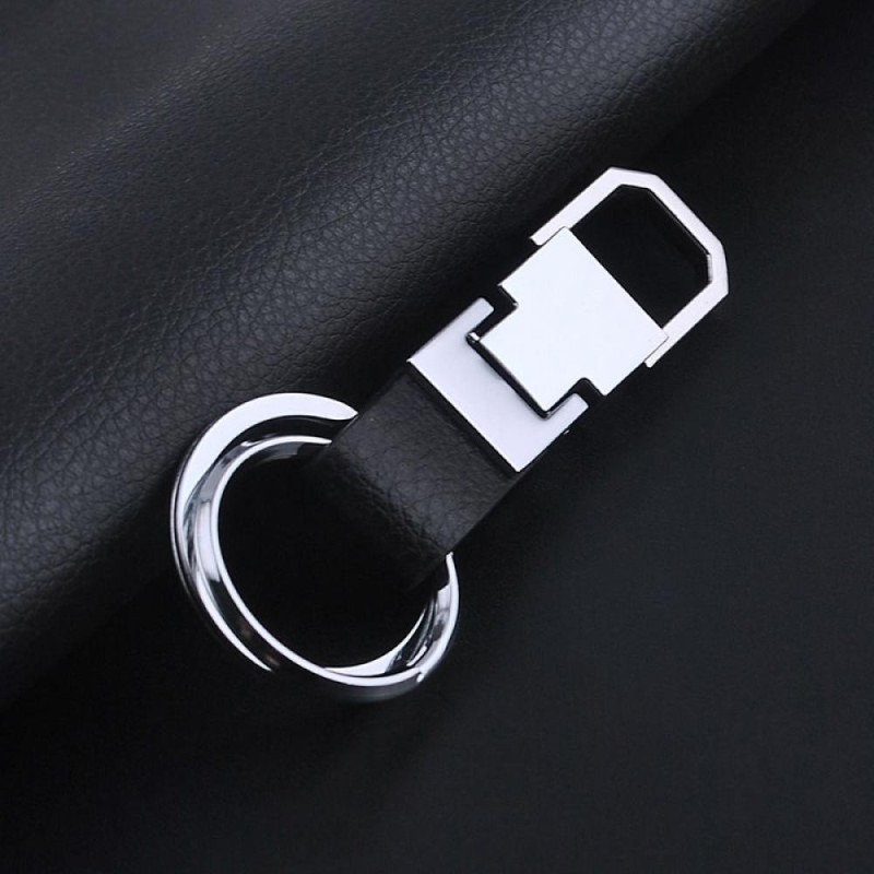 Porte-clés cuir noir et acier inoxydable luxe, 2 anneaux pour homme