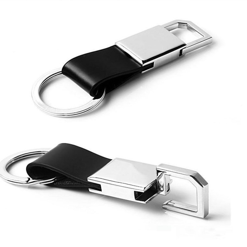 Porte-clés pour homme en métal chromé et cuir noir