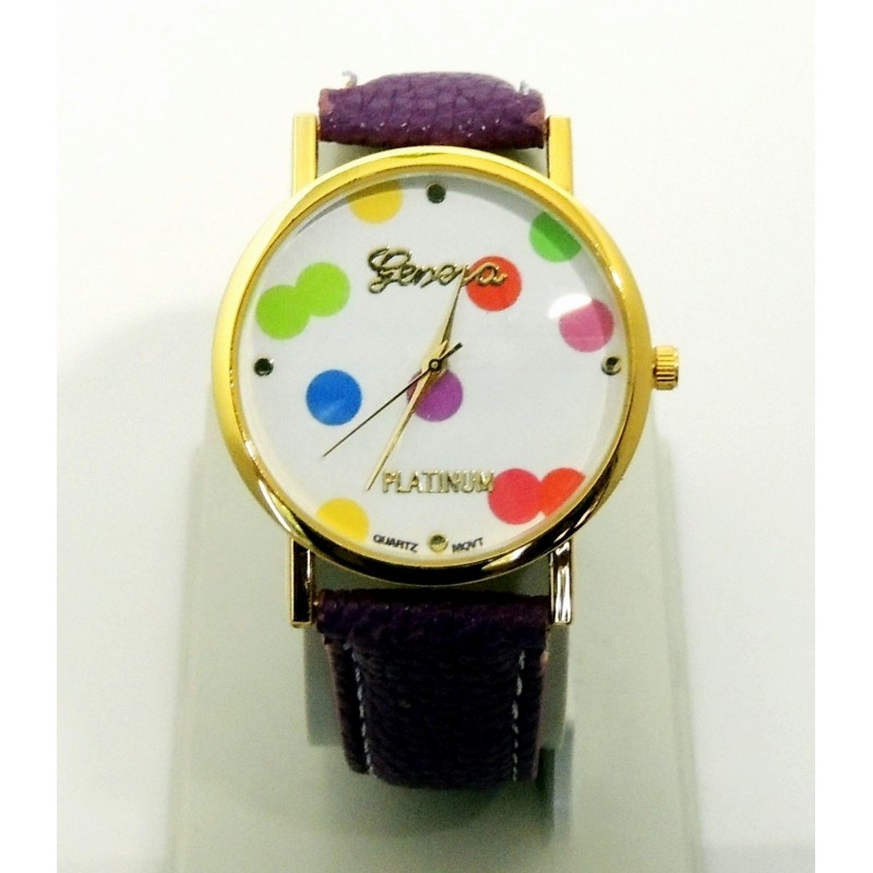 Montre avec cadran orné de confettis de couleurs différentes, bracelet violet