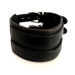 Bracelet manchette en cuir véritable noir épais