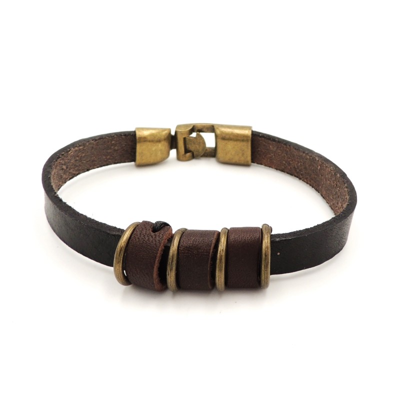 Bracelet unisexe en cuir véritale noir et marron, anneaux et fermoir en cuivre
