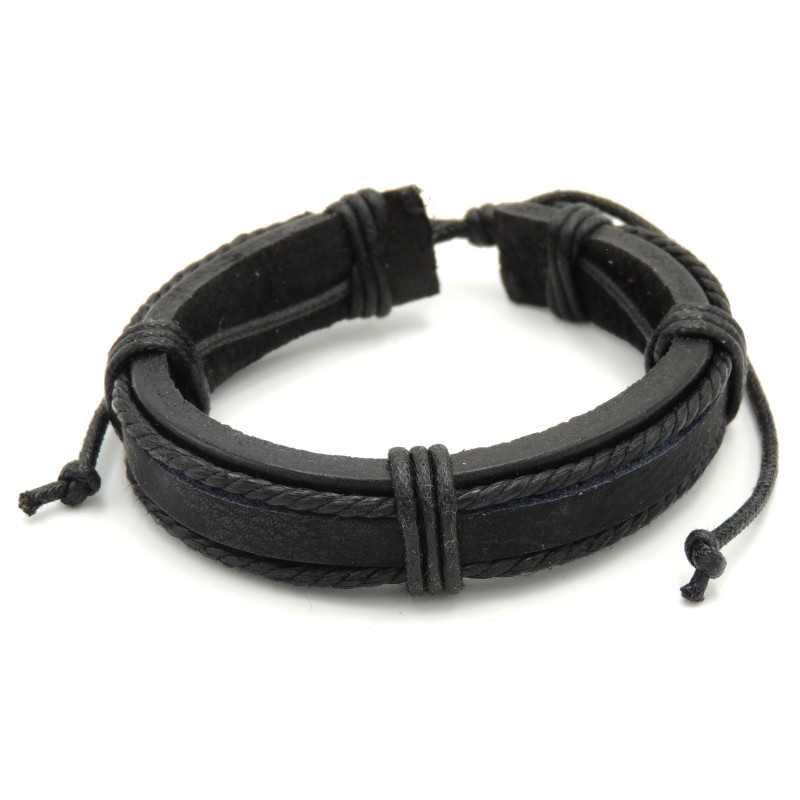 Bracelet unisexe en cuir noir véritables orné de cordelettes