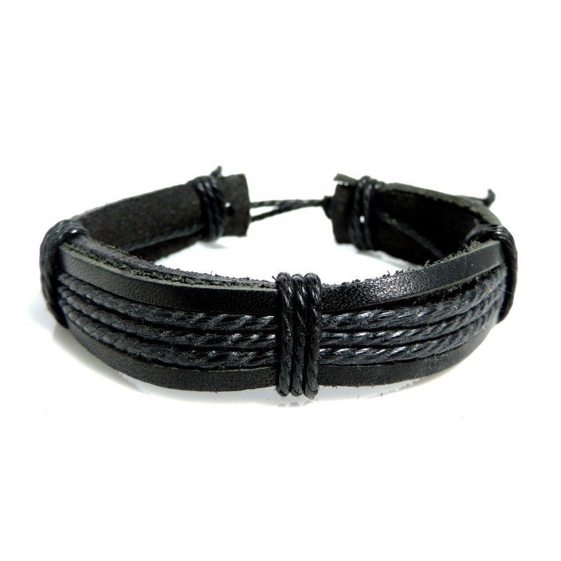 Bracelet unisexe en cuir véritable noir et cordelettes en bordure