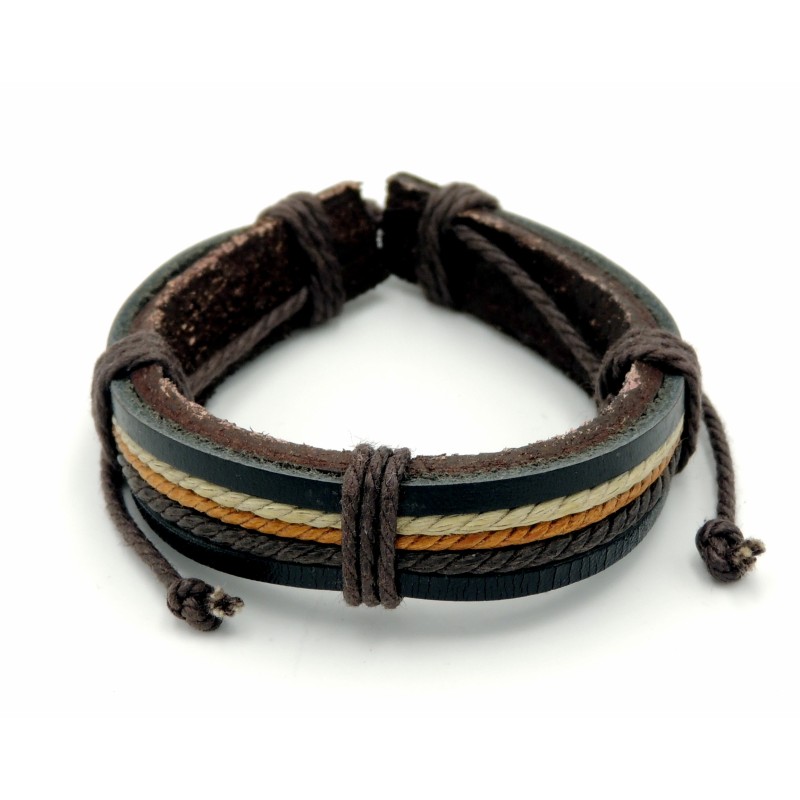 Bracelet unisexe en cuir véritable marron orné de bandelettes de cuir etcordelettes de couleurs