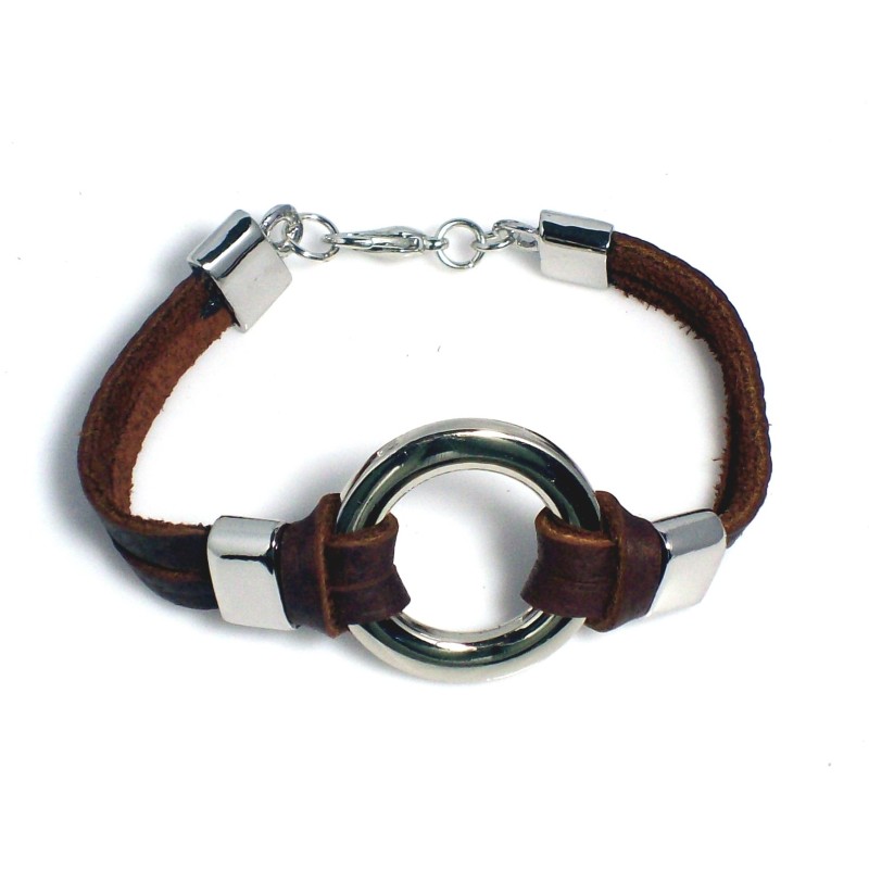 Bracelet unisexe en cuir véritable marron avec un anneau en métal argenté