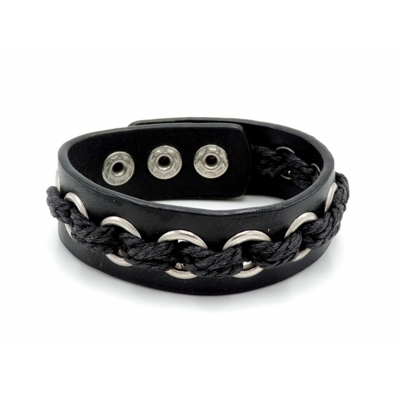 Bracelet unisexe en cuir noir véritalble avec œillets et cordelettes