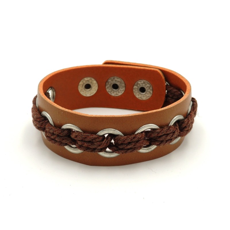 Bracelet unisexe en cuir véritable marron avec œillets et cordelettes