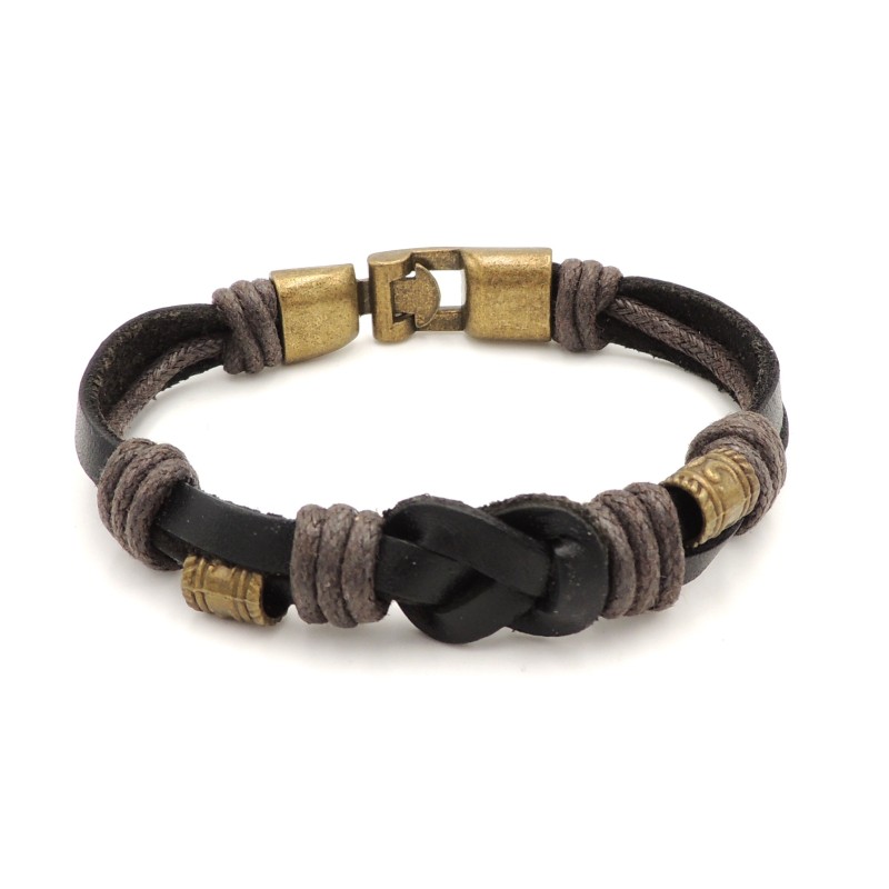 Bracelet unisexe en cuir noir véritable orné de pièces de métal couleur bronze