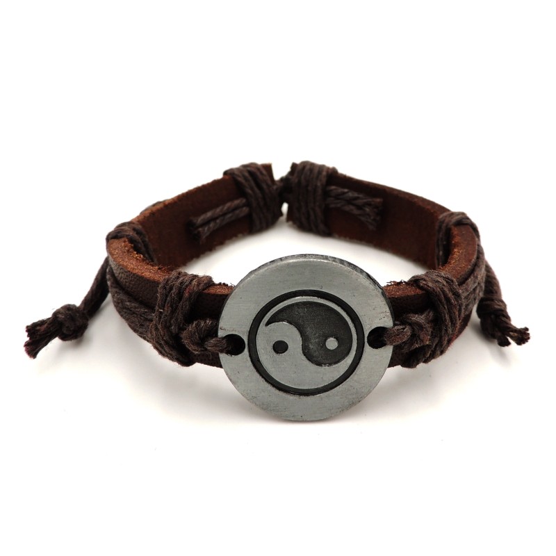 Bracelet unisexe en cuir véritable marron, plaque métal ronde avec logo  yin et yang