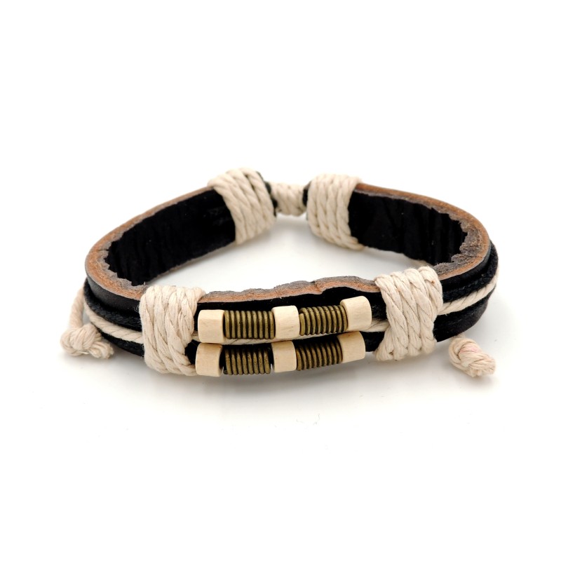Bracelet unisexe en cuir véritable noir orné de ressorts et cordelettes claires
