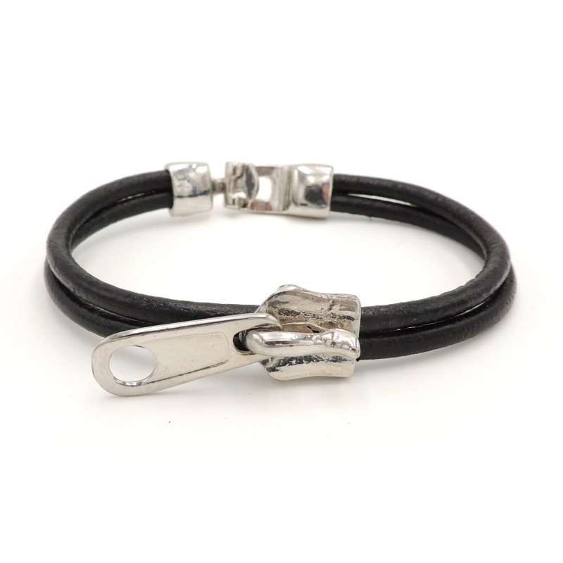 Bracelet en cuir véritable sur 2 rangs orné d'un zip en acier sur le devant