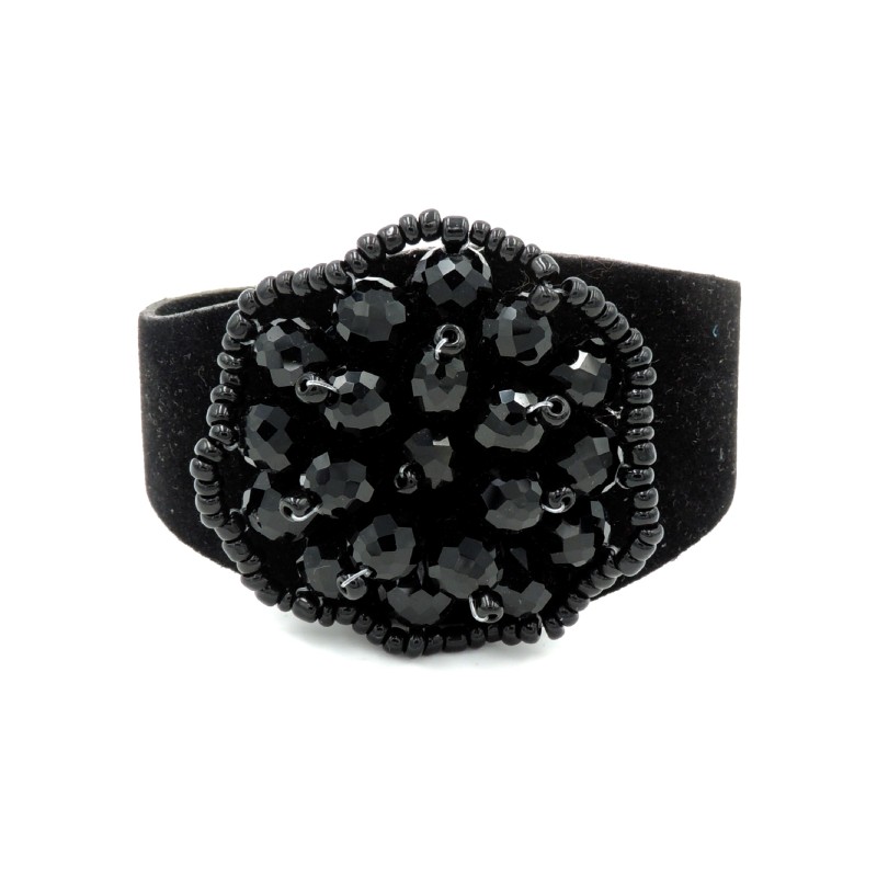 Bracelet manchette en cuir noir, perles de rocaille noires