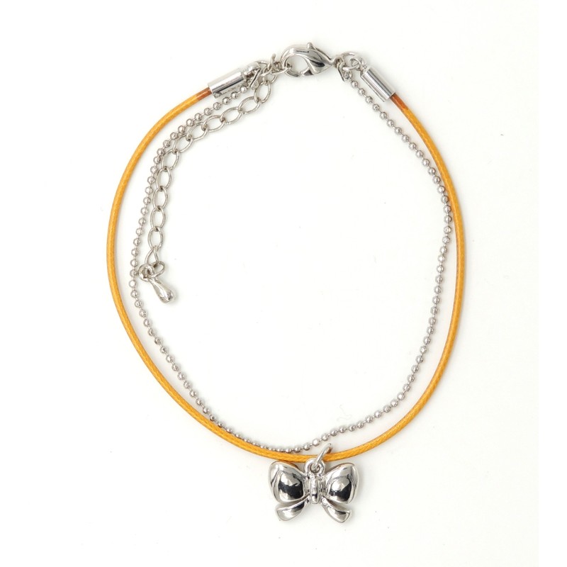 Bracelet  avec cordon couleur camel, chaîne perlée, pendentif nœud papillon