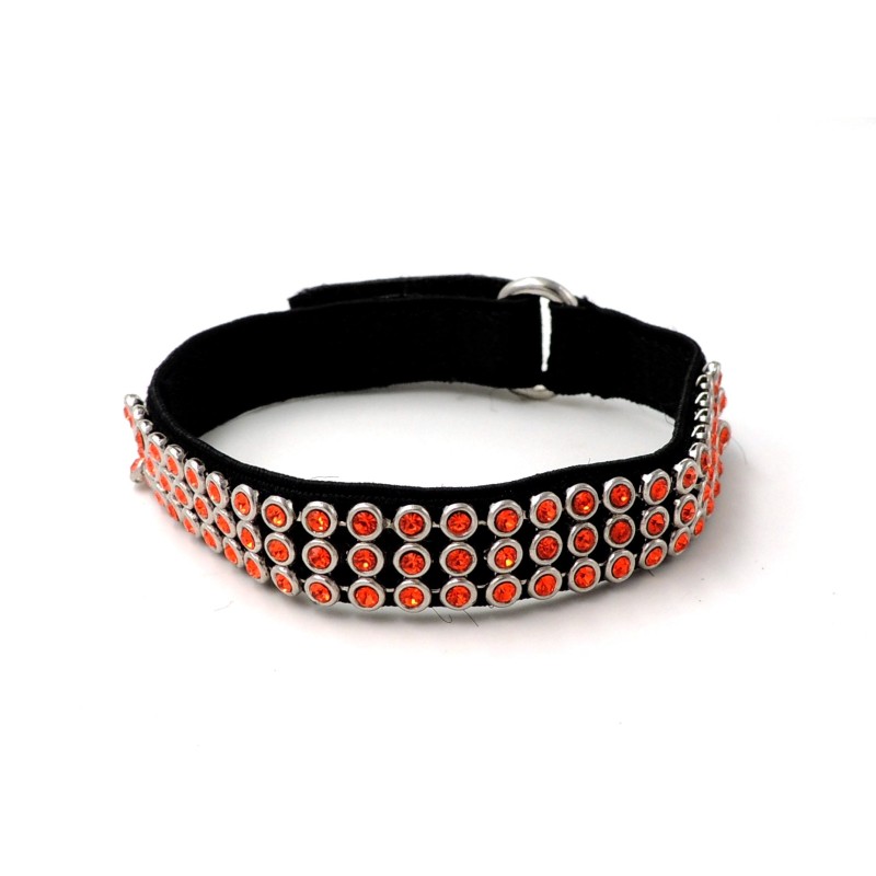 Bracelet en tissu élastiqué noir orné de strass orange sertis