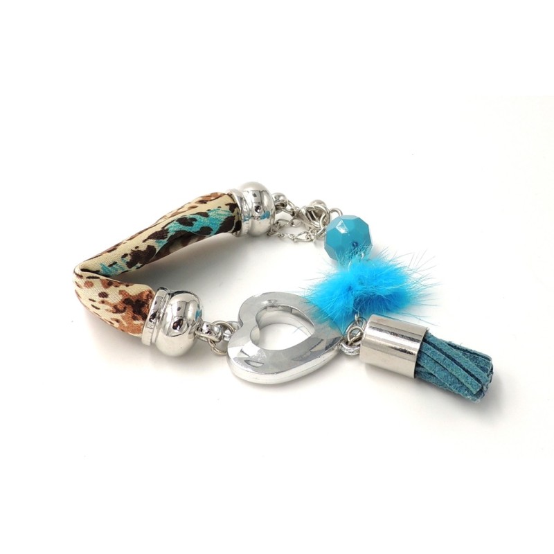Bracelet en tissu , cœur en métal, cuir, pierre et pompon bleu