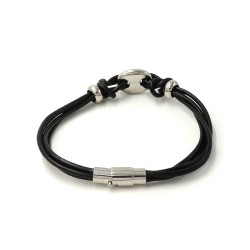 Bracelet en cuir véritable noir et décor en acier argenté