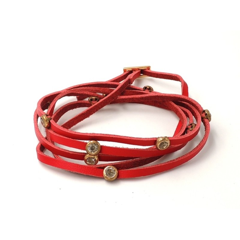 Bracelet multirangs en cuir véritable rouge et strass