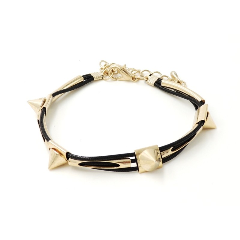 Bracelet avec cordons cirés noirs, clous et tube métal doré