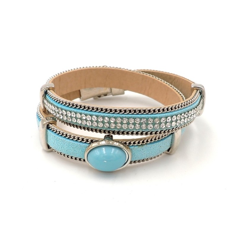 Bracelet en cuir turquoise double tour orné de strass et d'une pierre
