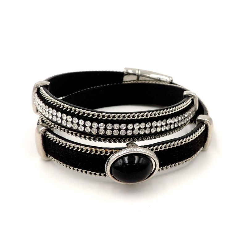 Bracelet en cuir noir double tour orné d'une pierre et de strass