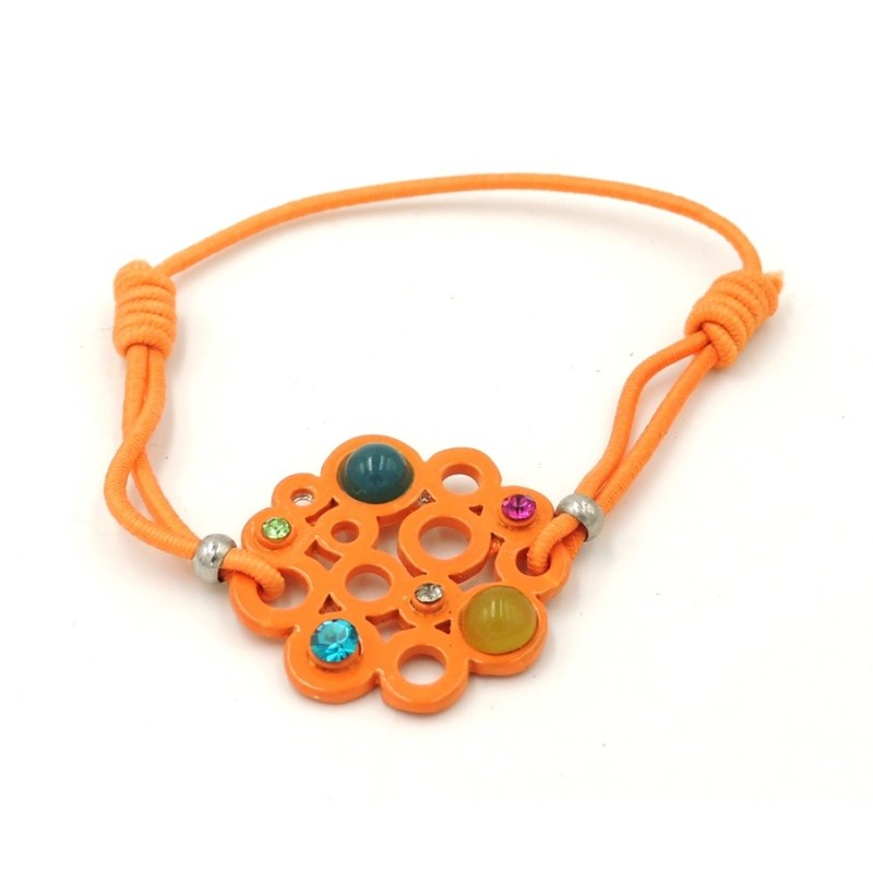 Bracelet formé d'un élastique orange orné d'une platine avec des perles et strass