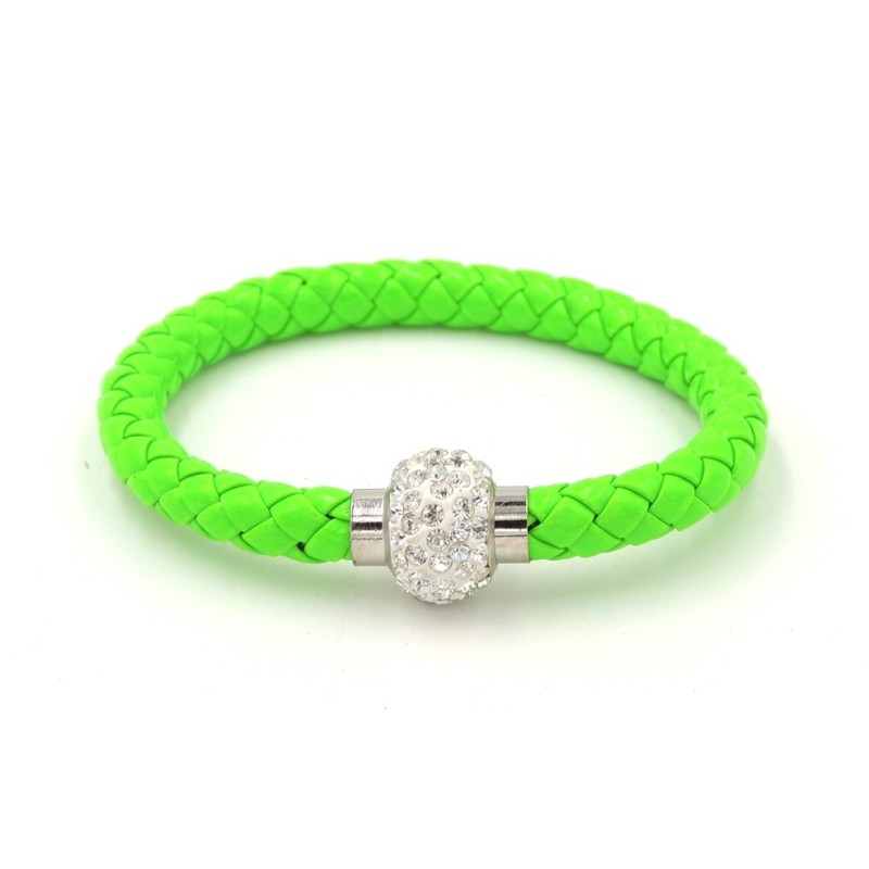 Bracelet en cuir tressé vert flashi orné de strass