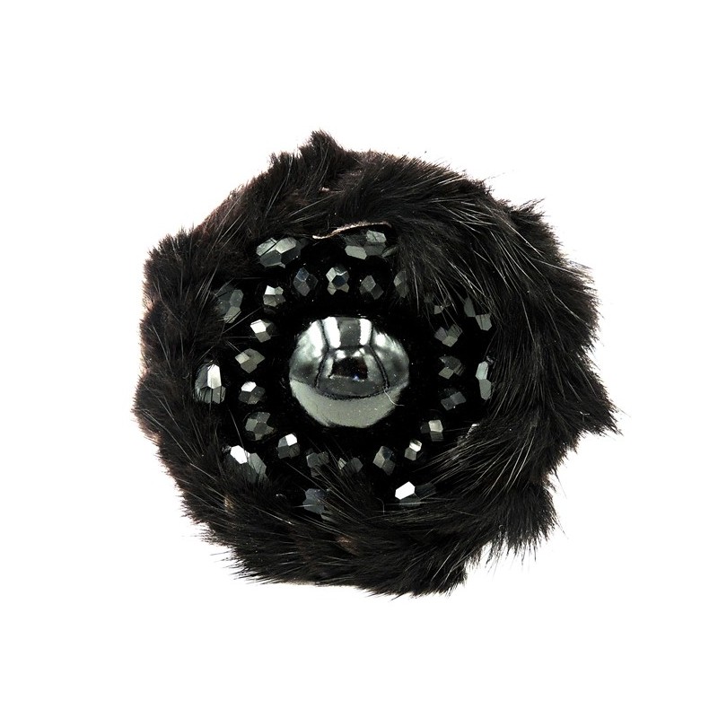 Bracelet en cuir noir, disque de fourrure noire et perles de rocaille