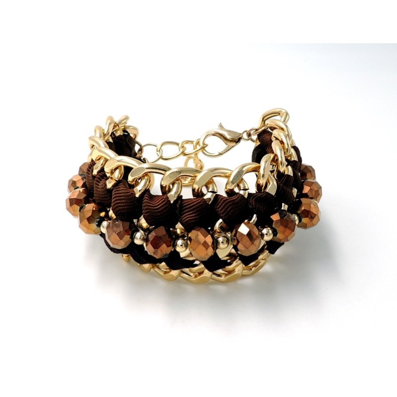 Bracelet manchette en métal doré orné de perles facettées et ruban marron